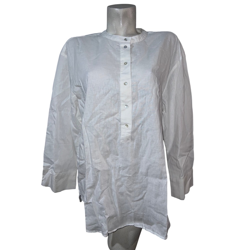New H&M White Linen Blend Band Collar Tunic Button Up Shirt Womens Size L NWT